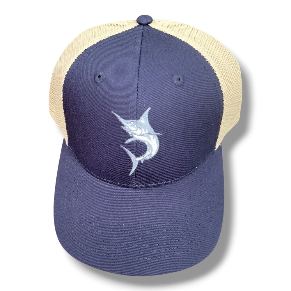 Life Is Good Trucker Hat Unisex OS Navy Tan Marlin Fish Embroidered Snapback